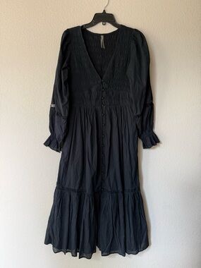 Anthropologie Black Long-Sleeve Midi Dress with Button Front and Lace Detail